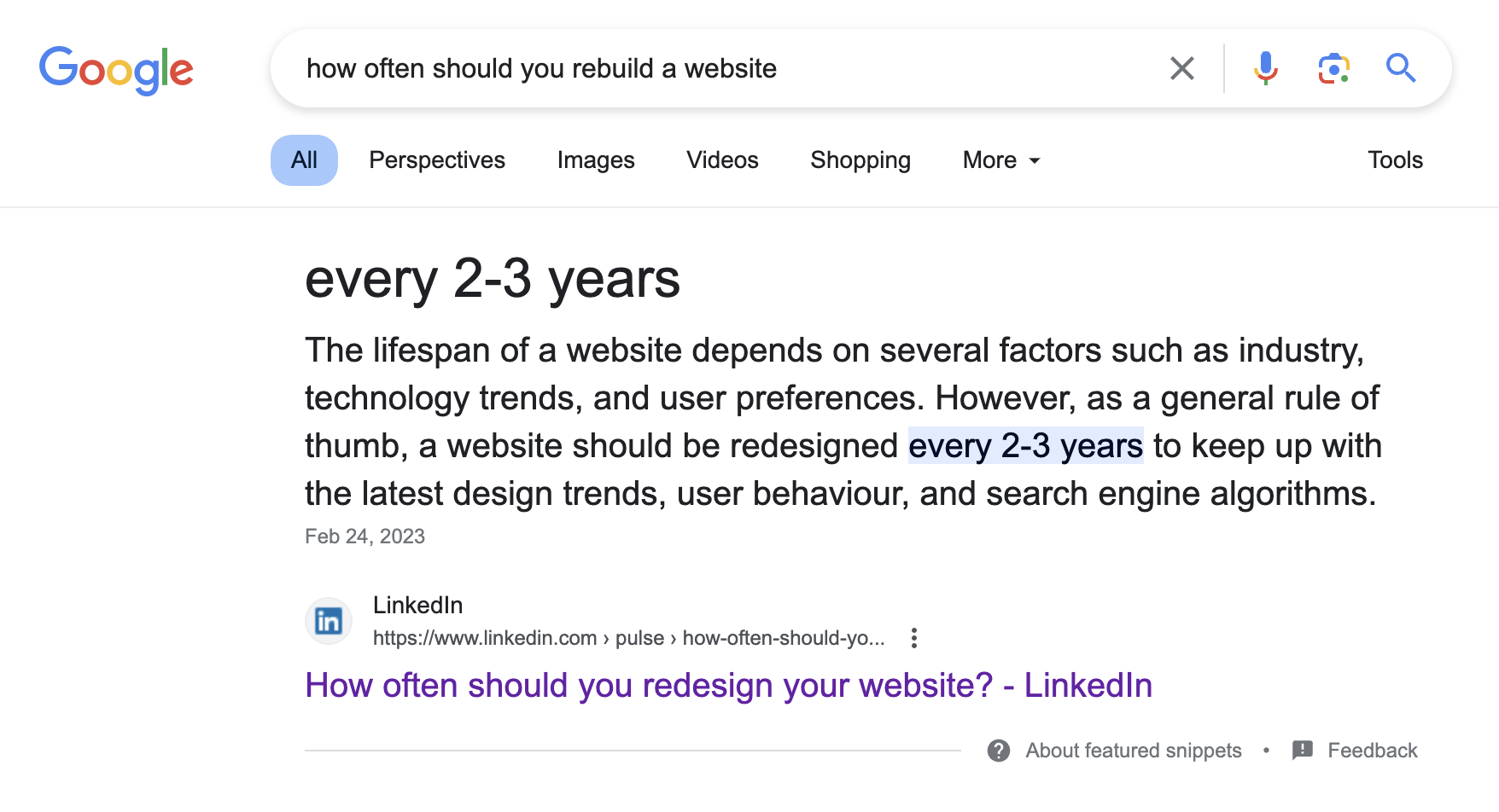 Screenshot of Google search for "how often should you rebuild a website"