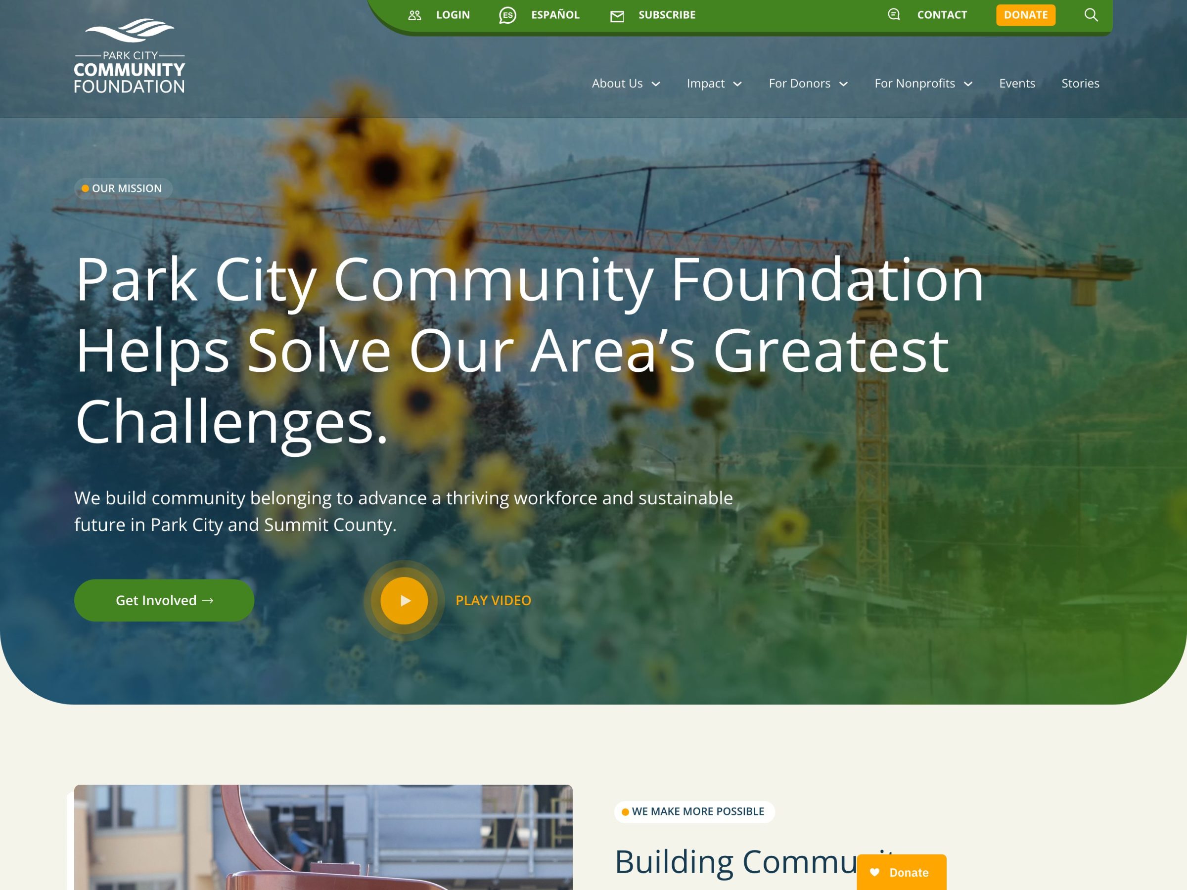 Park City Community Foundation website homepage — desktop view